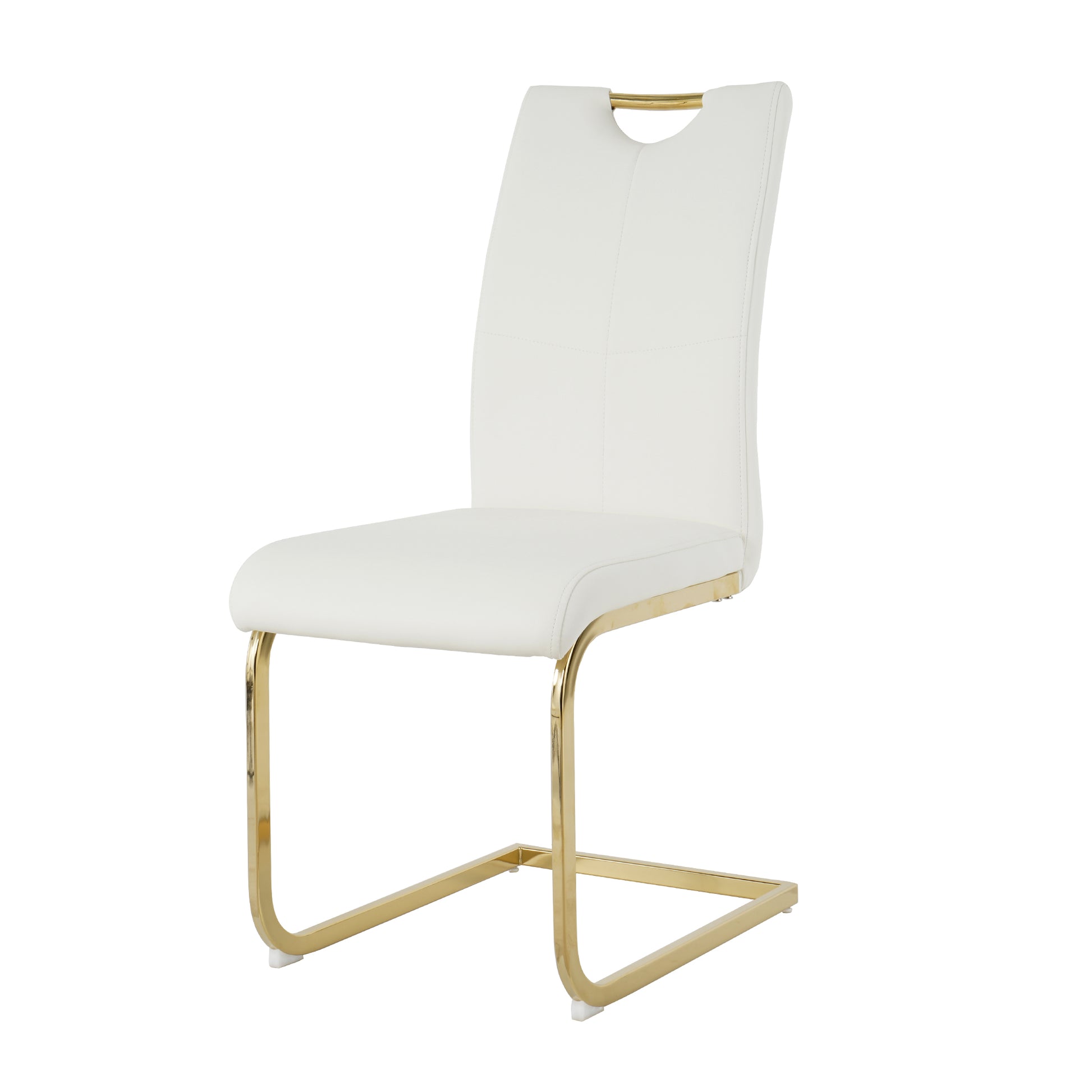 White leather dining chair with gold sled base