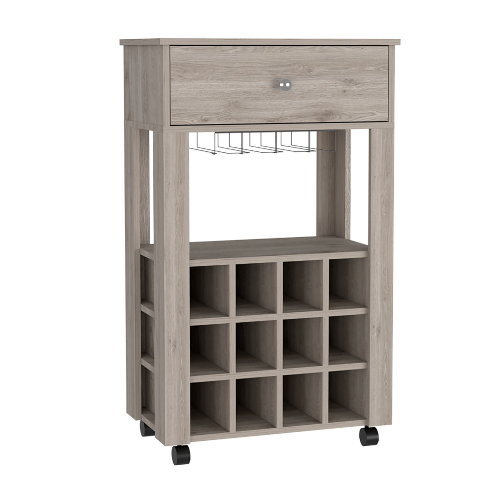 Modern oak wine cart with  bottle cubbies and hanging glass rack