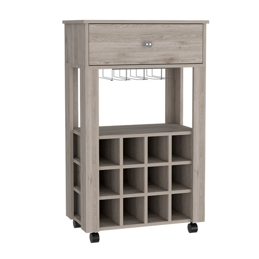 Modern oak wine cart with  bottle cubbies and hanging glass rack