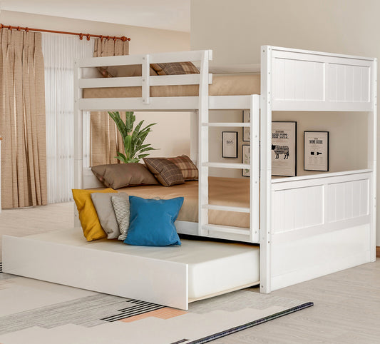 White wooden triple bunk bed with pullout trundle