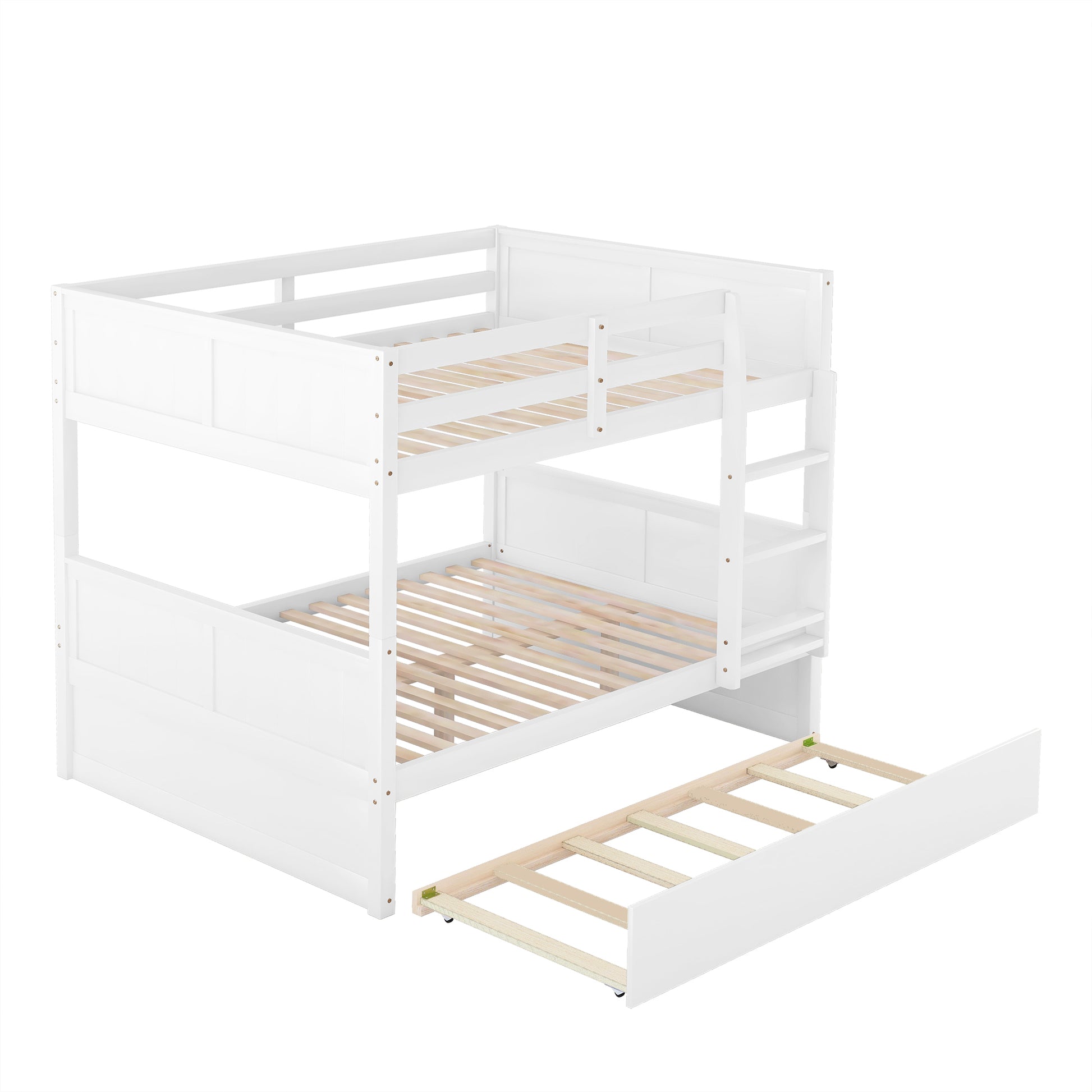 White wooden bunk bed with pullout trundle