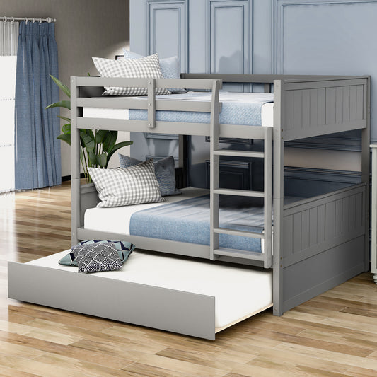 Gray wooden bunk bed with pullout trundle