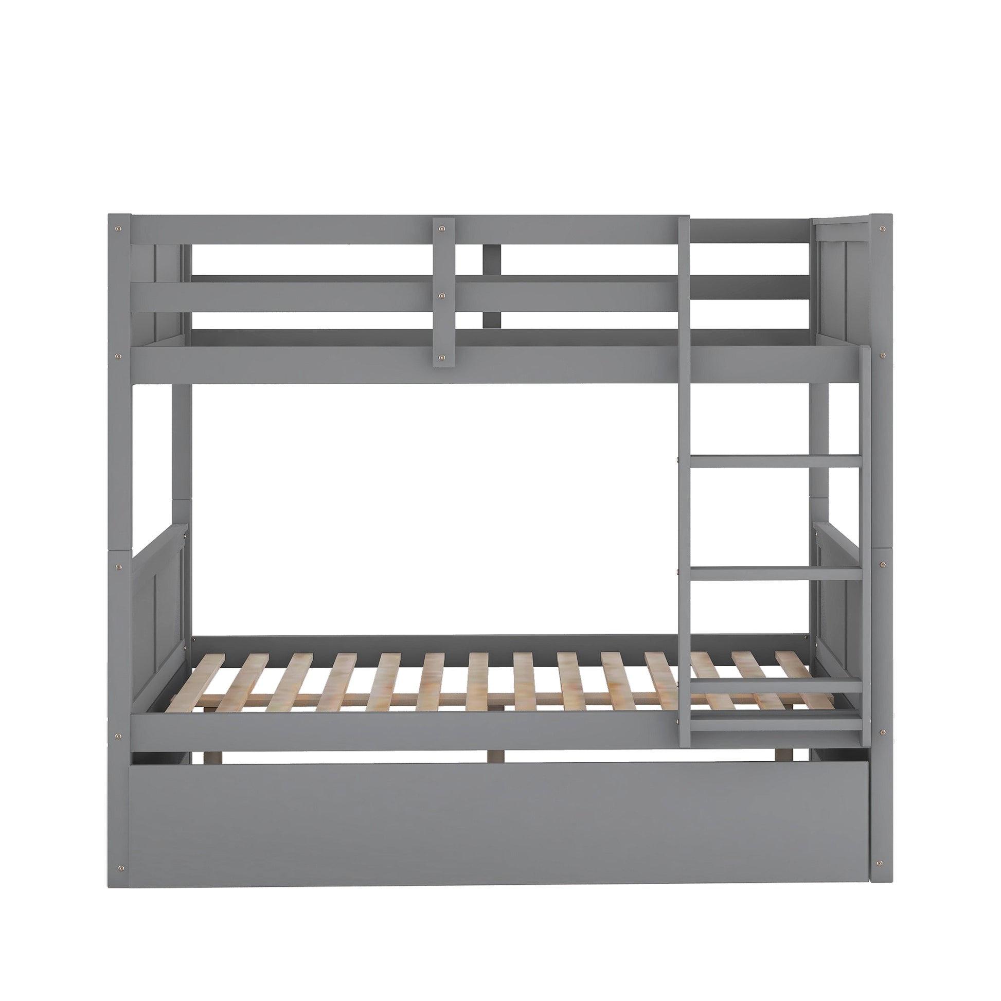 Gray wooden bunk bed with ladder and slatted bases for kids