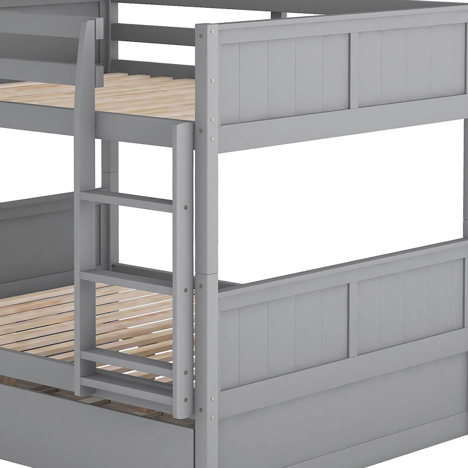 Gray wooden bunk bed with ladder and slatted base