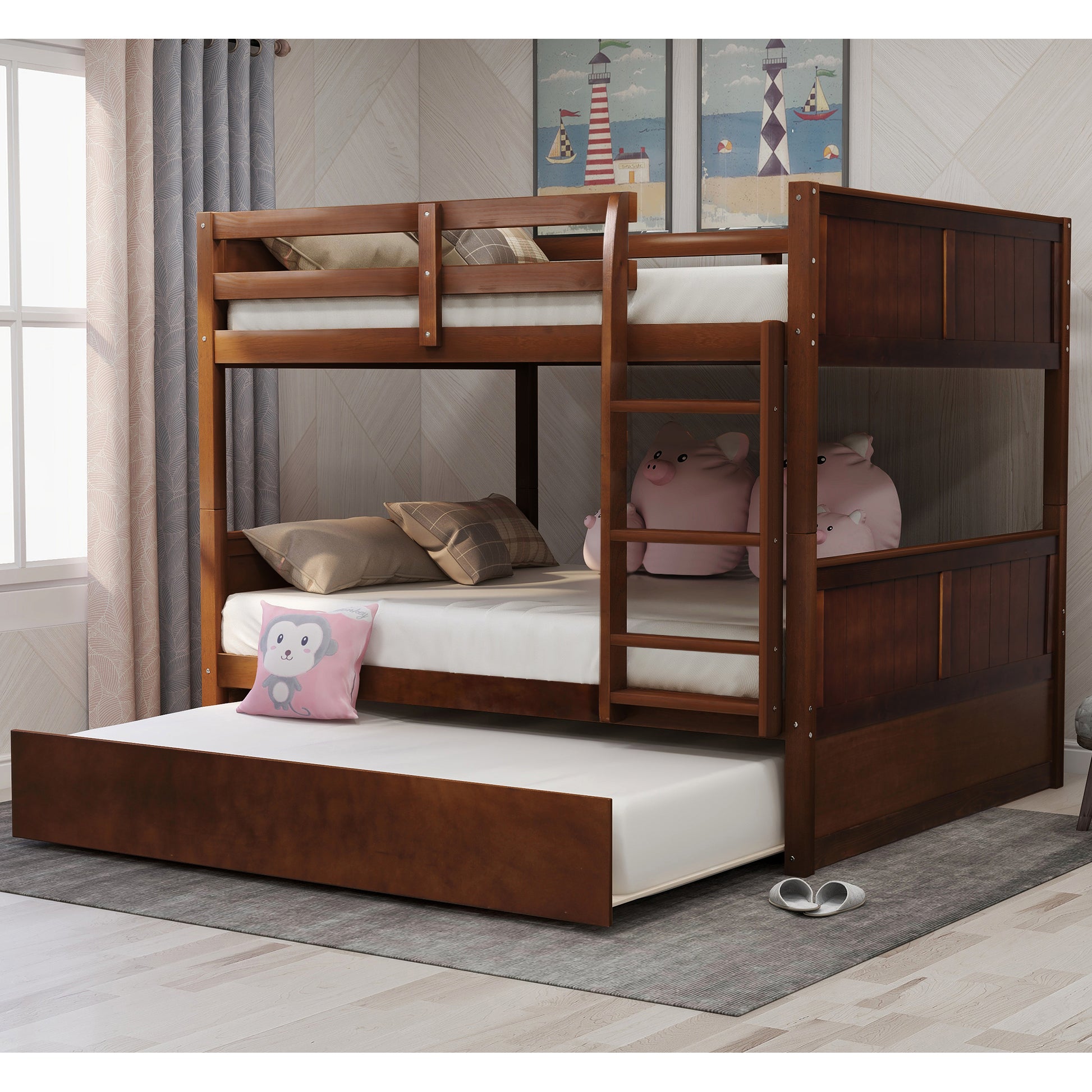 Dark brown wooden triple bunk bed with pullout trundle and plush pig pillows
