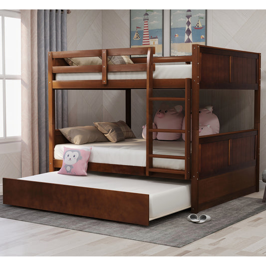 Dark brown wooden triple bunk bed with pullout trundle and plush pig pillows