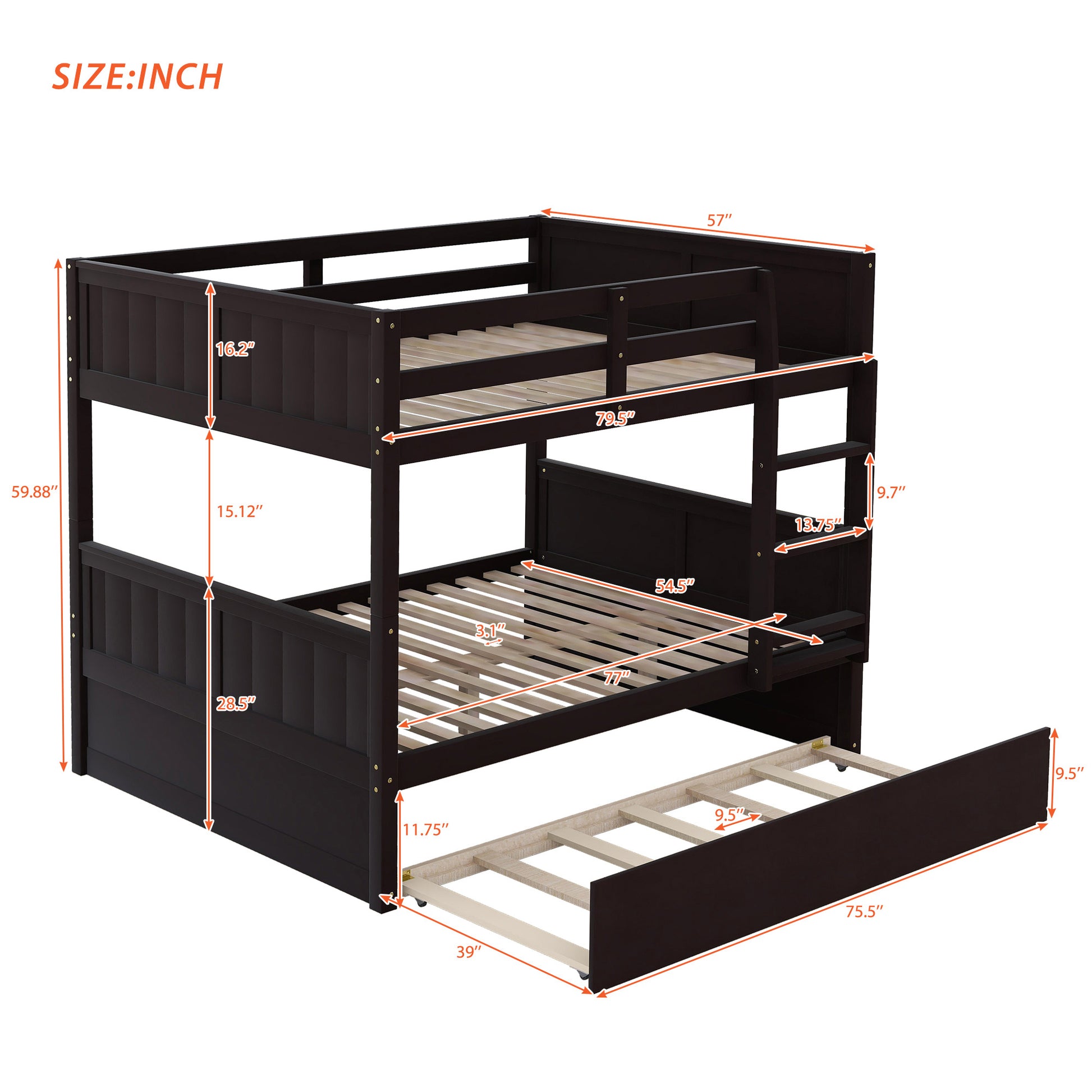 Dark brown wooden triple bunk bed with pullout trundle and precise measurements