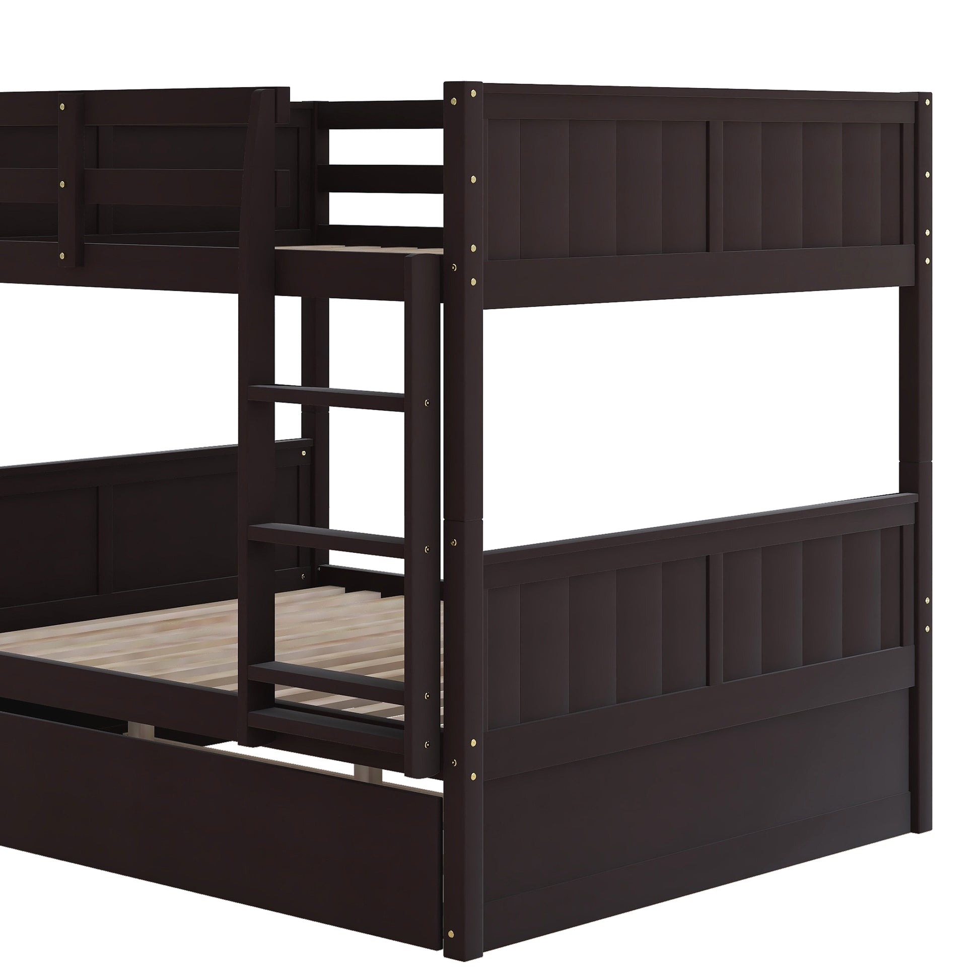 Dark brown wooden bunk bed with slatted base and safety rails