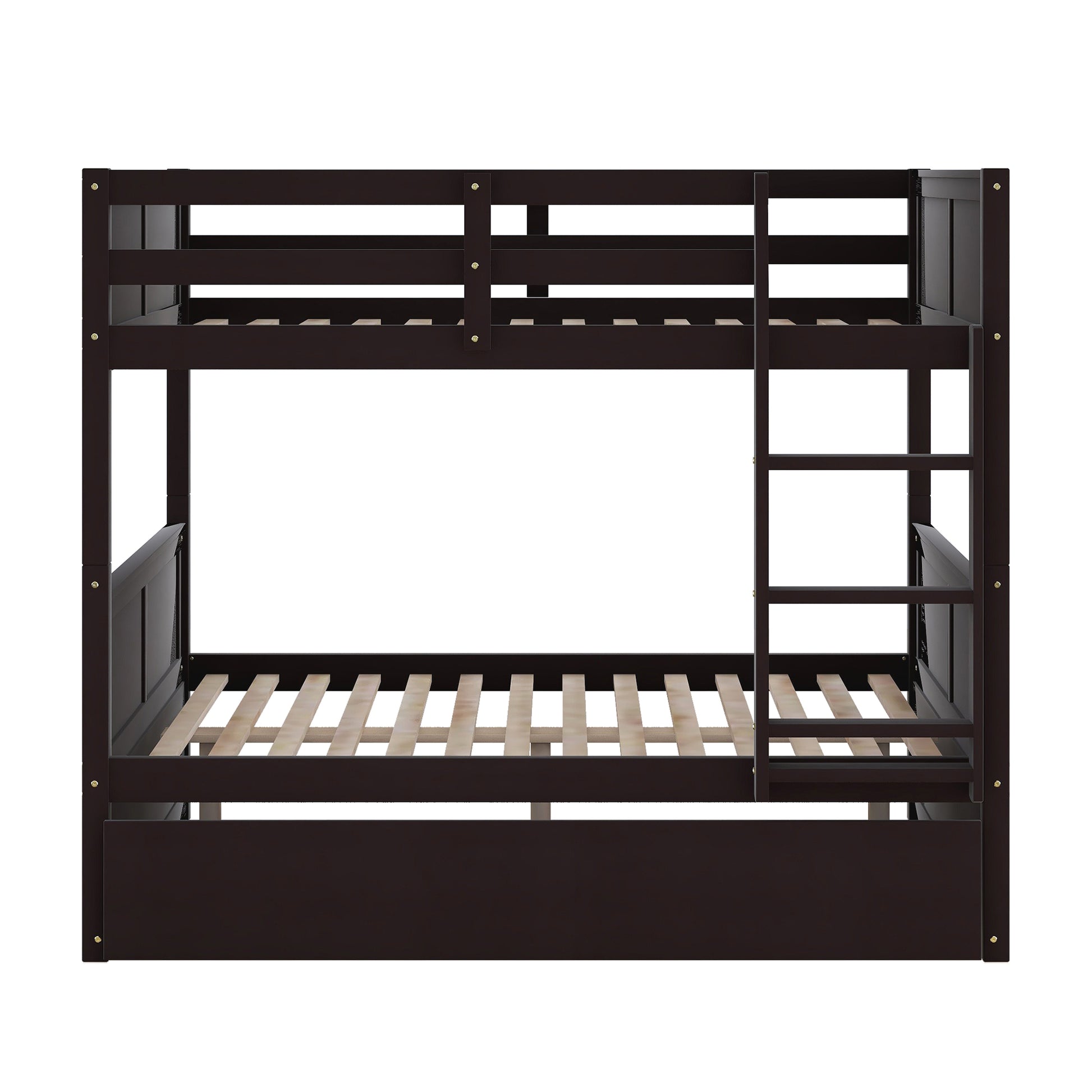 Dark brown wooden bunk bed with ladder and slatted bases
