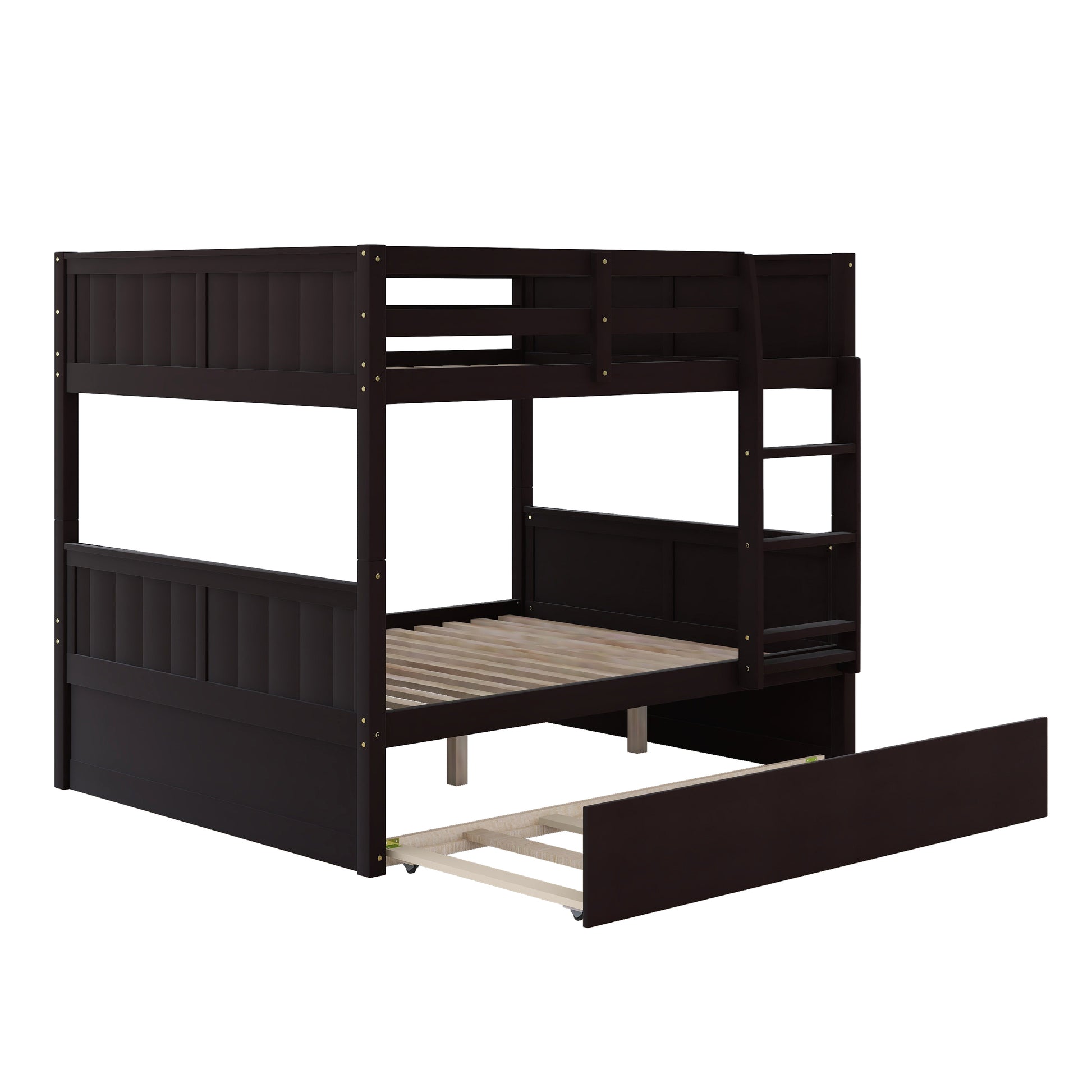 Dark brown wooden twin bunk bed with pullout trundle and slatted mattress support