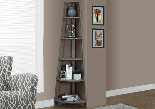 Rustic grey fivetier corner bookshelf with modern decor