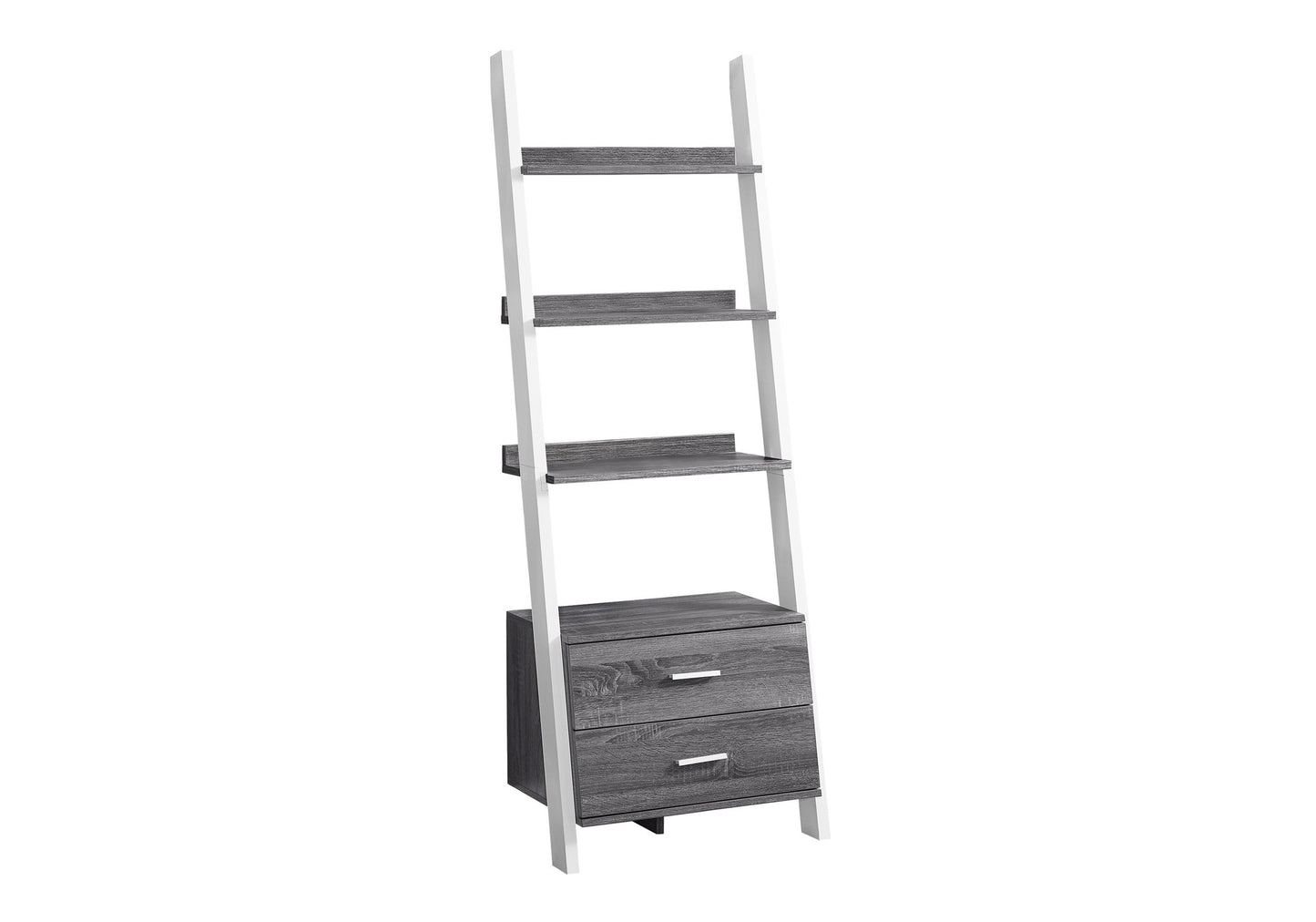 Gray wood ladder bookshelf with white frame and two drawers