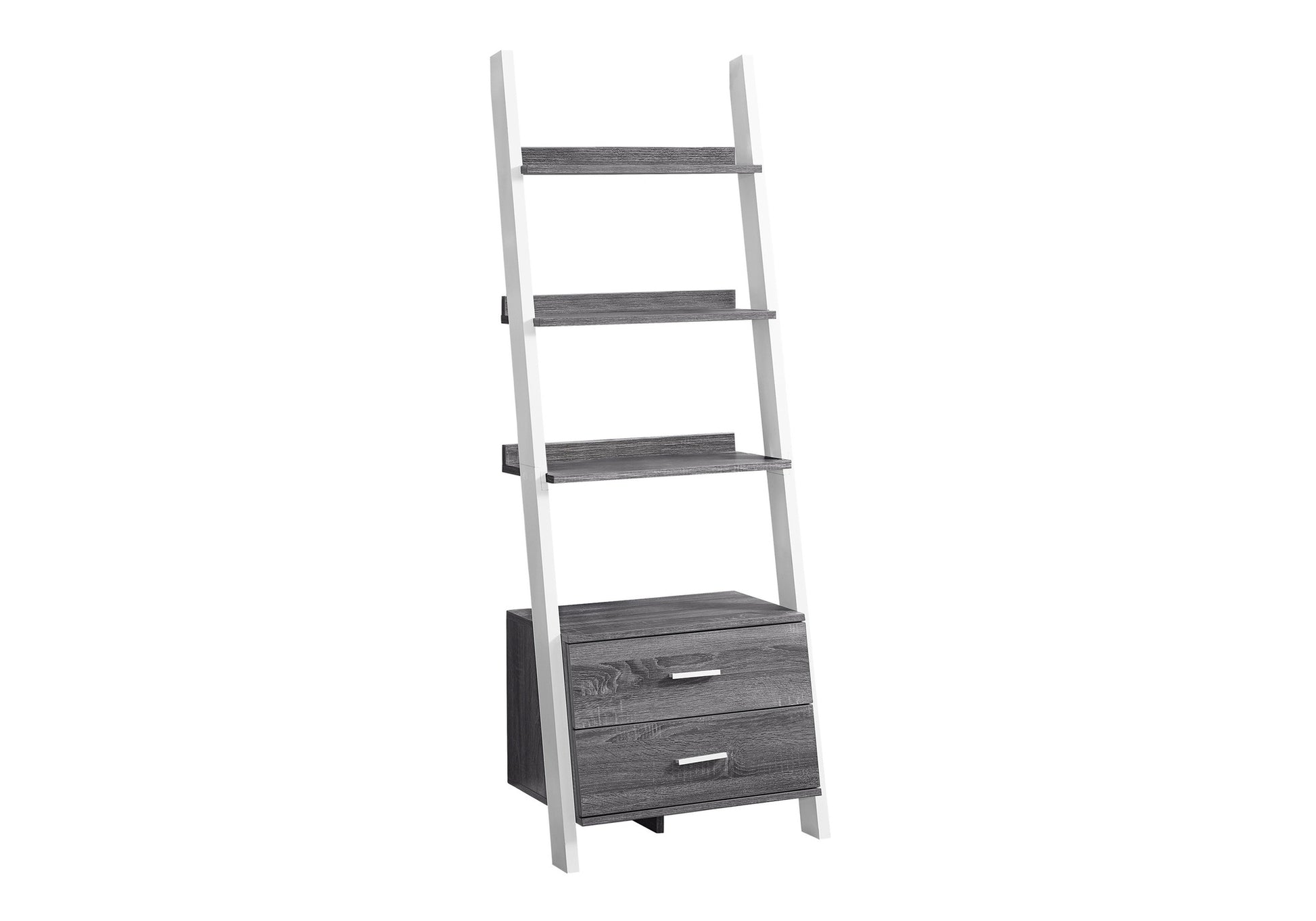 Gray wood ladder bookshelf with white frame and two drawers