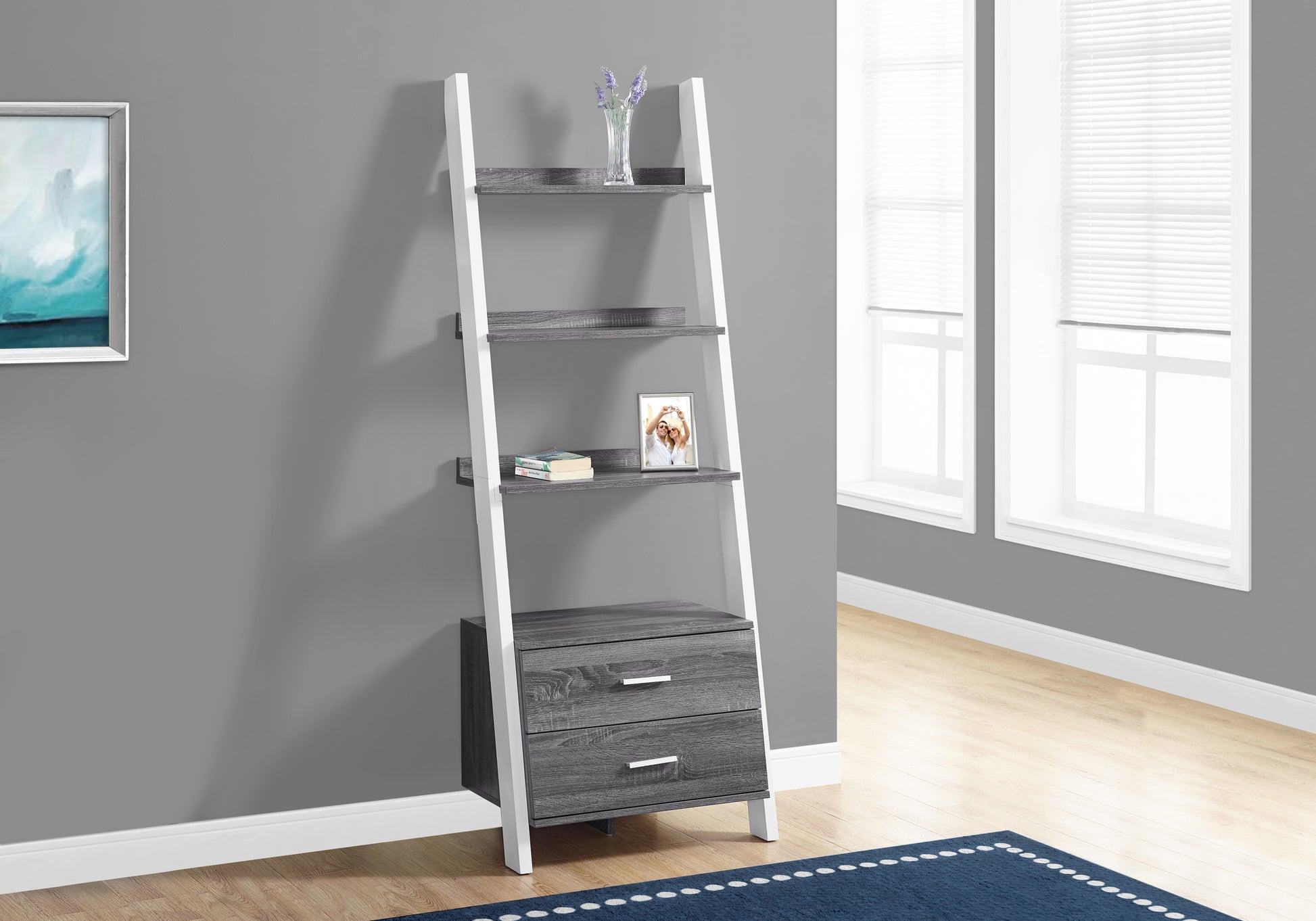 White and gray ladder bookshelf with two drawers