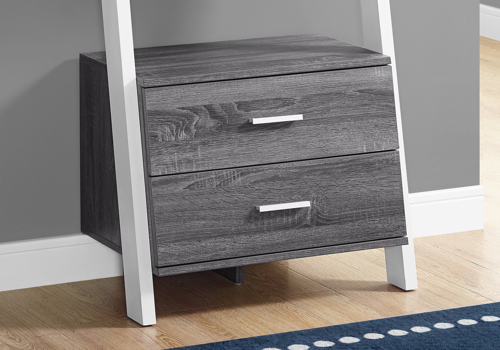Gray wood twodrawer nightstand with white metal frame and silver handles