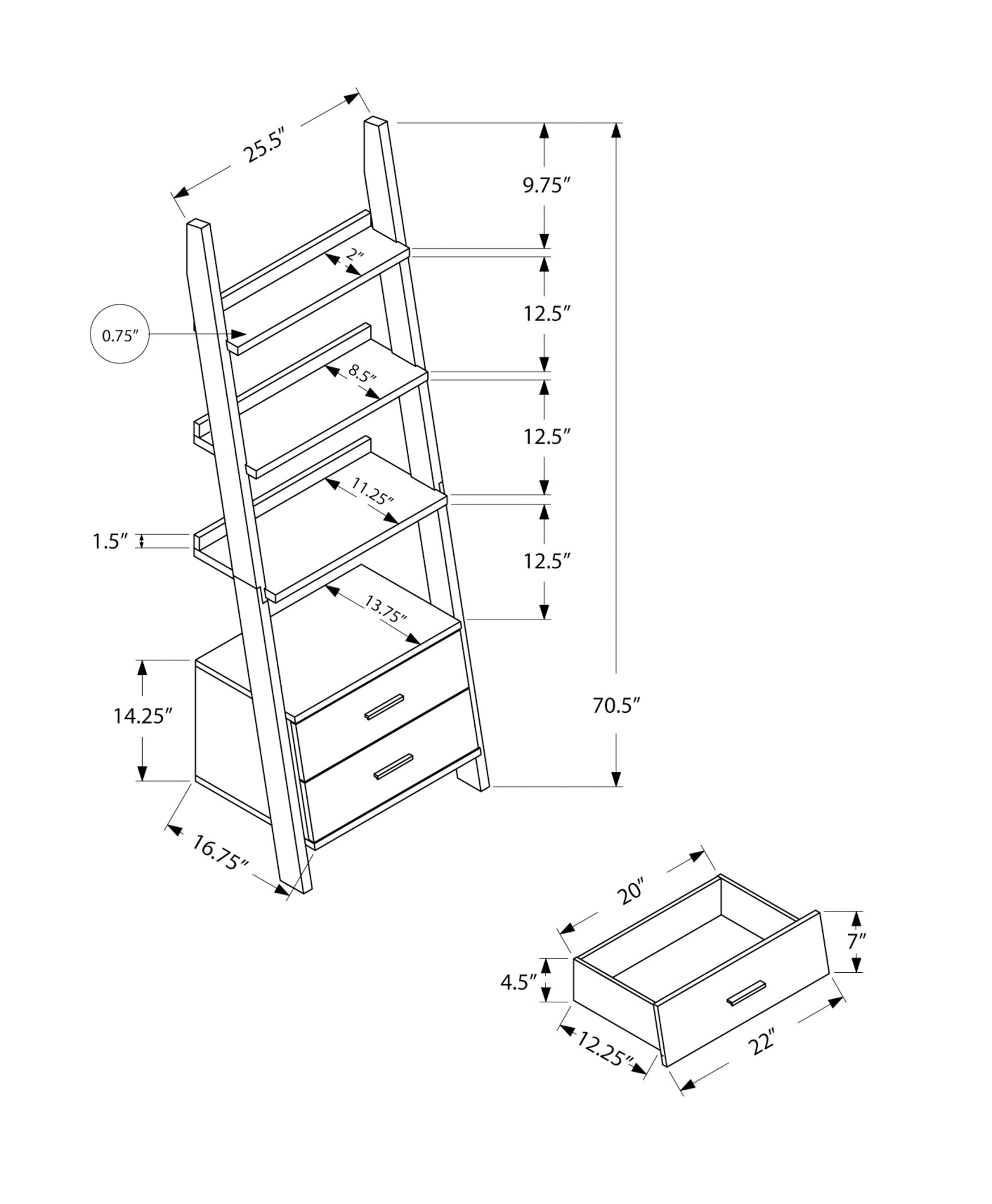 Ladder bookshelf with two drawers and dimension lines