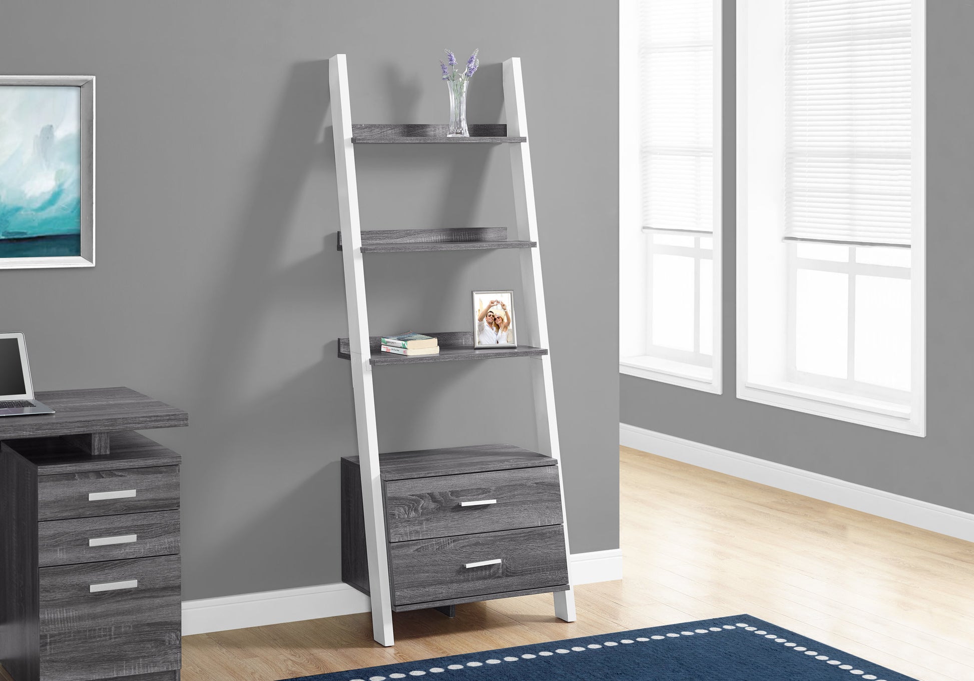 White and grey leaning bookshelf with two drawers