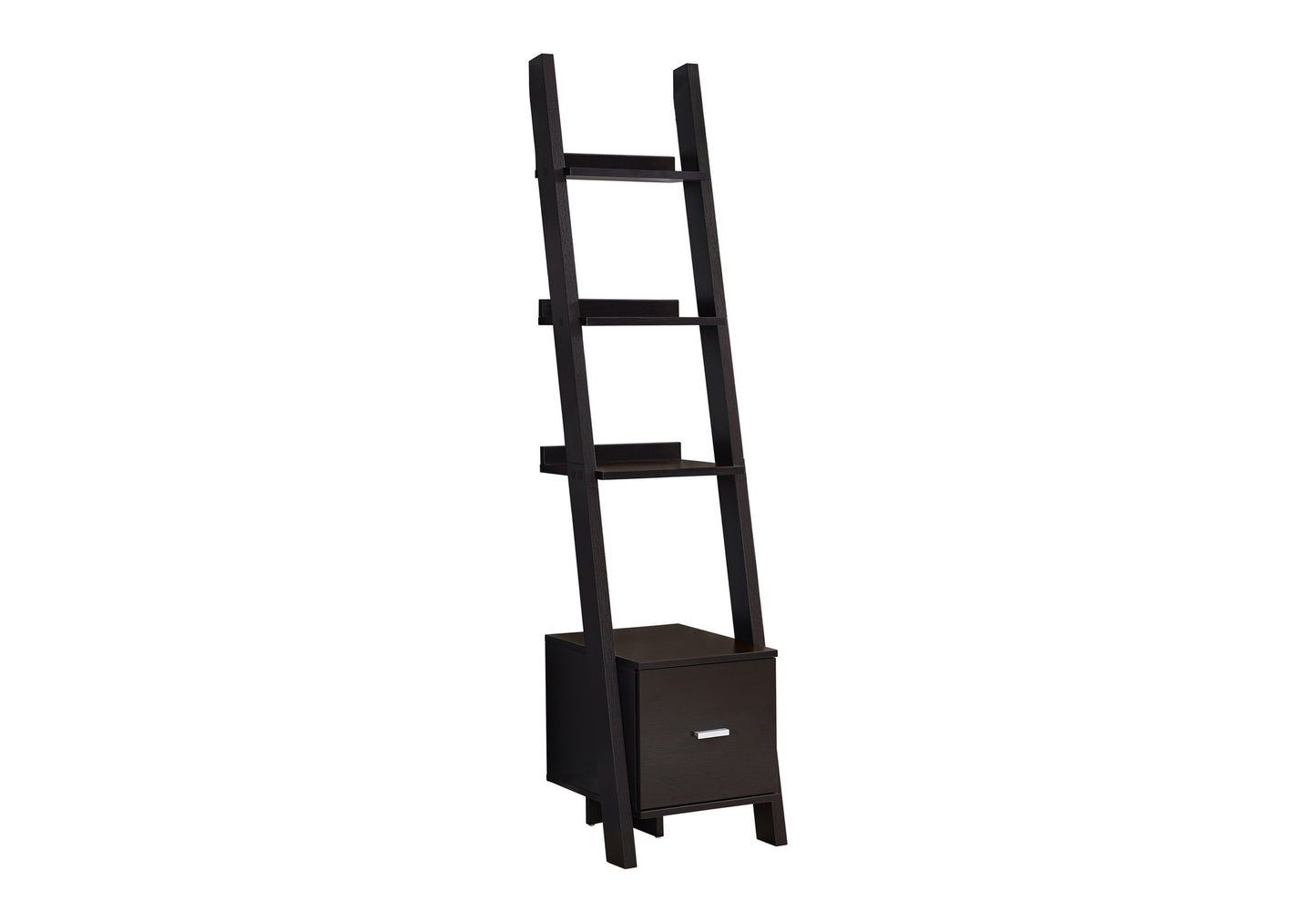 Dark brown leaning bookshelf with one drawer and three shelves
