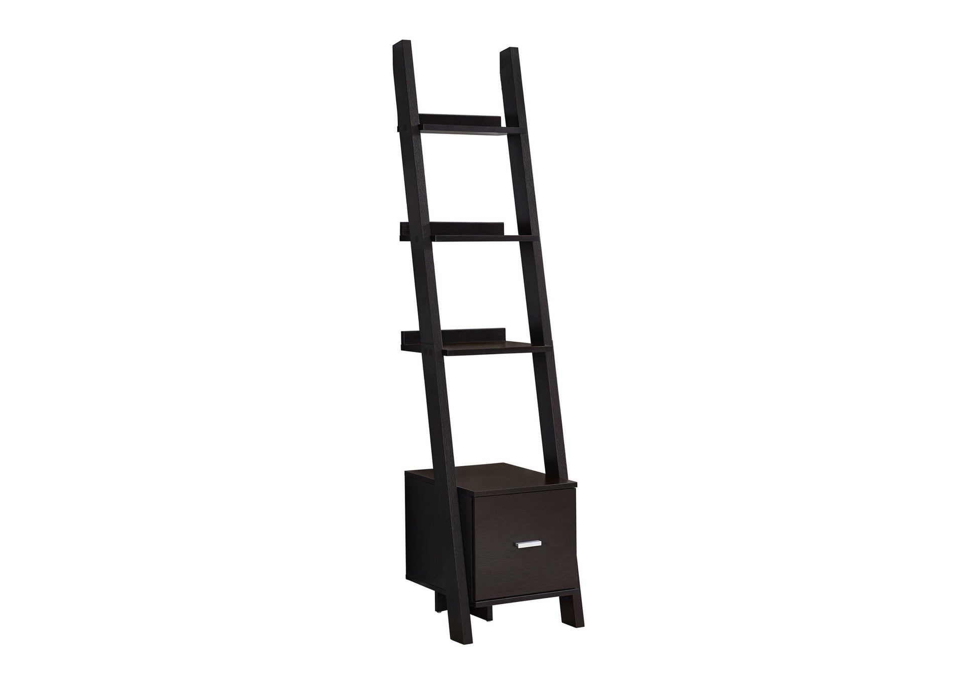 Dark brown leaning bookshelf with one drawer and three shelves