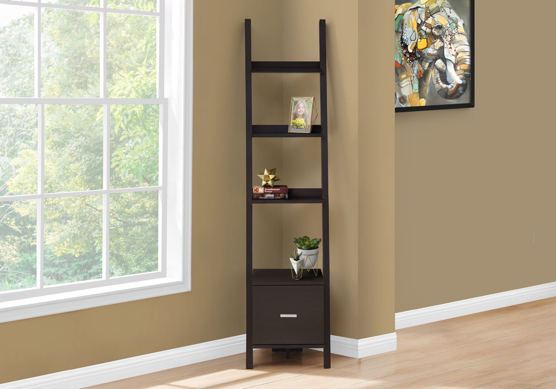 Dark brown ladder bookshelf with drawer