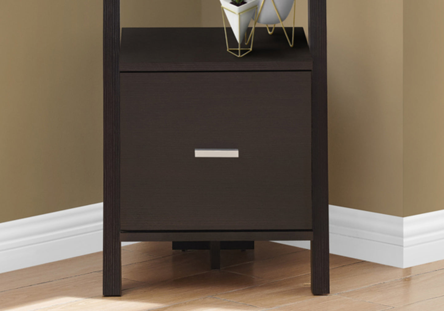 Dark espresso wood filing cabinet drawer with brushed nickel pull