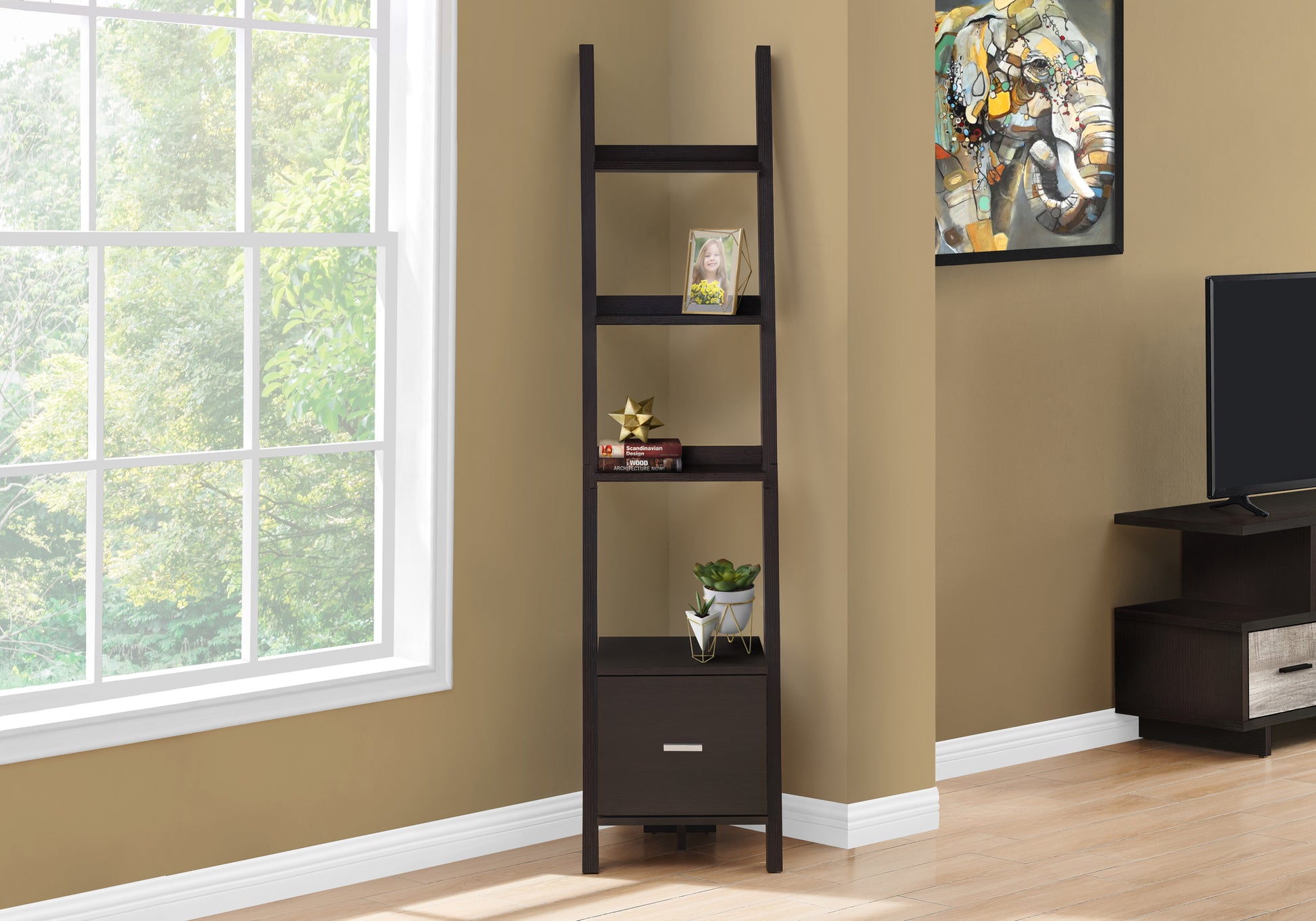 Dark brown ladder bookshelf with open shelves and one drawer