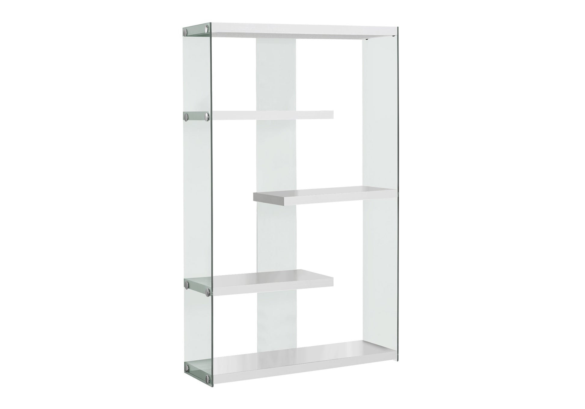 Modern glass bookshelf with white shelves