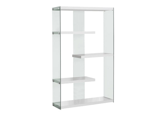 Modern glass bookshelf with white shelves