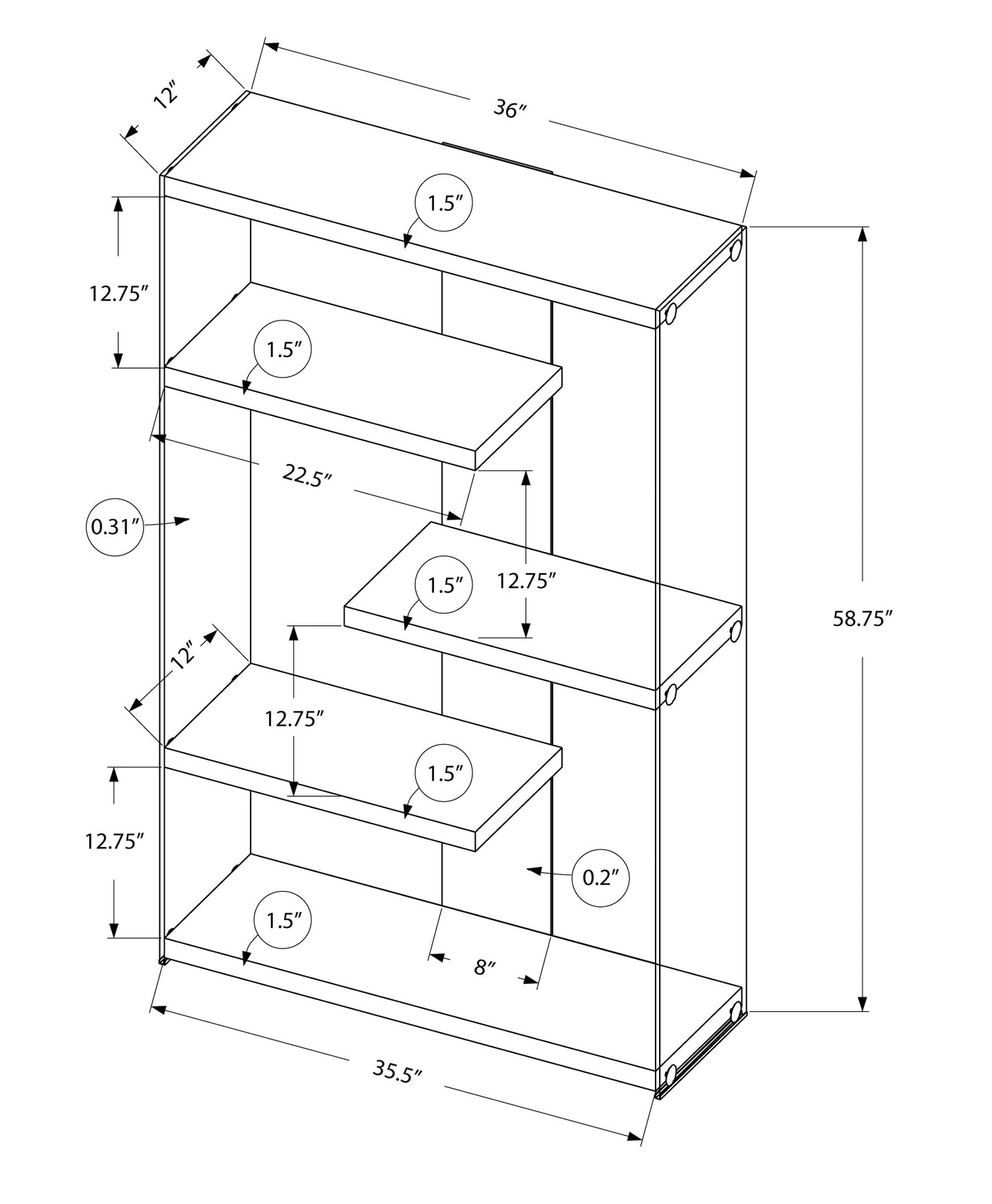 Technical drawing of a modern shelving unit with dimensions highlighted