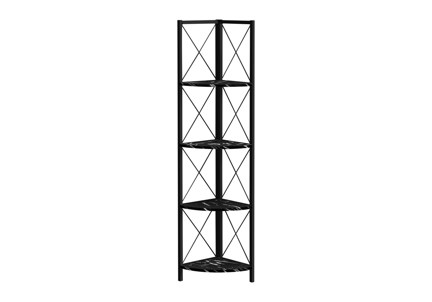 Black metal corner shelf with five triangular marblepatterned shelves