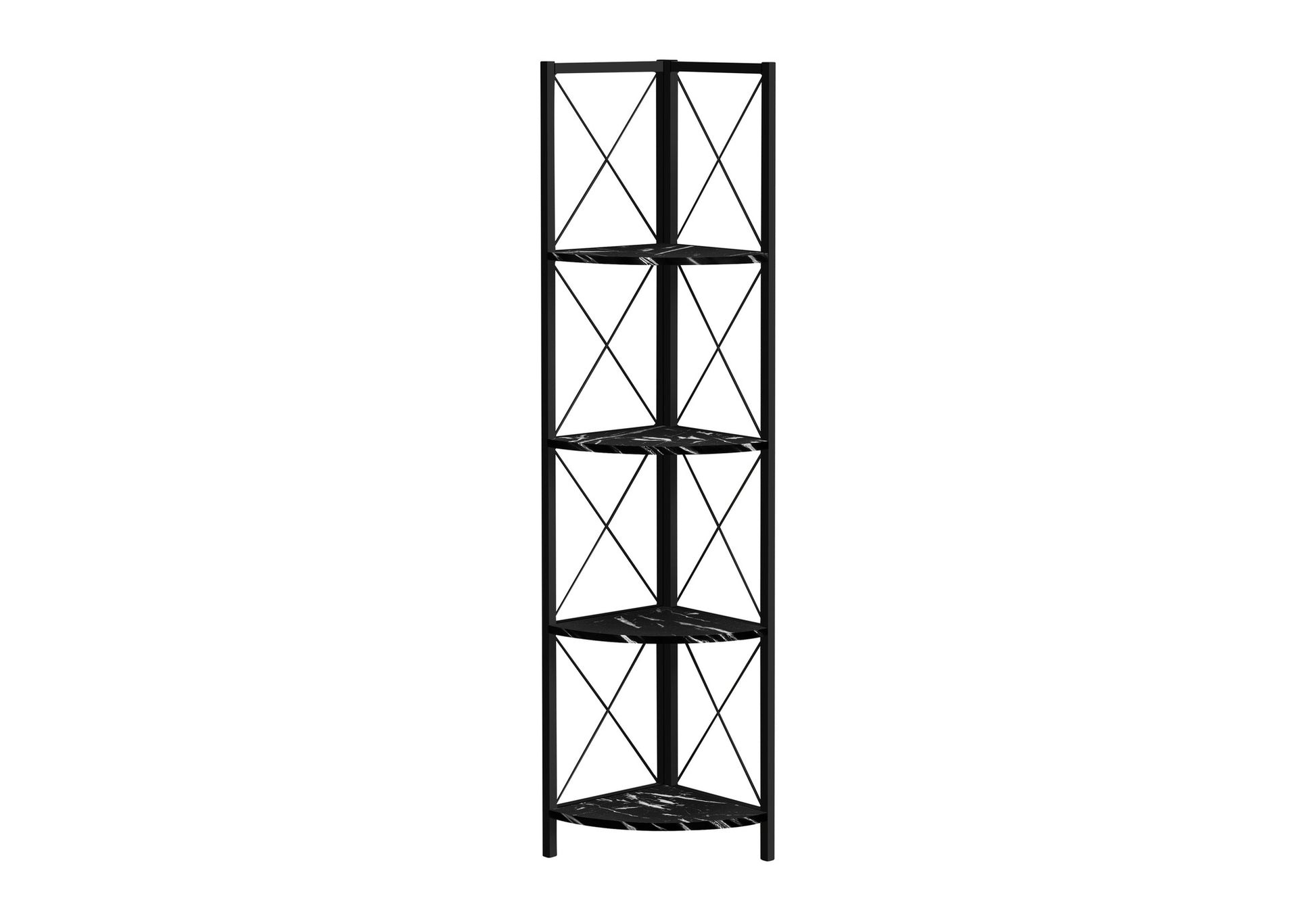Black metal corner shelf with five triangular marblepatterned shelves