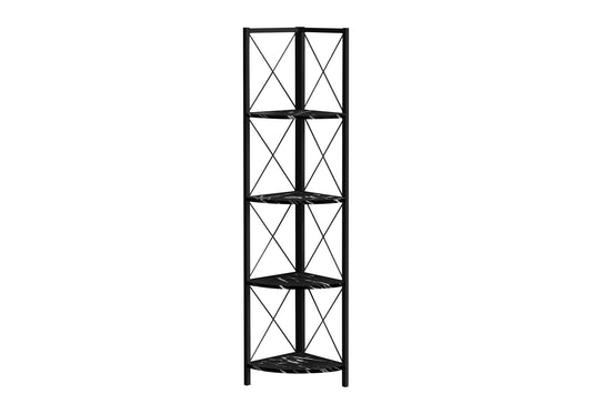 Black metal corner shelf with five triangular marblepatterned shelves