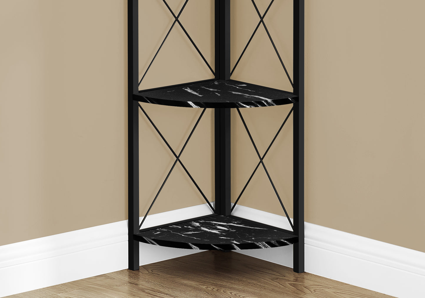 Black metal corner shelf with black marble effect shelves