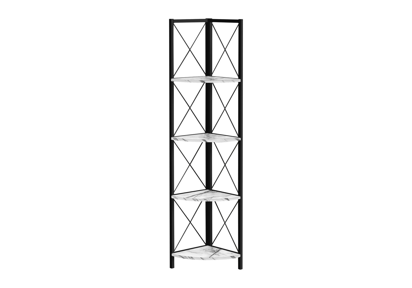 Black metal corner shelf unit with four white marblepatterned triangular shelves