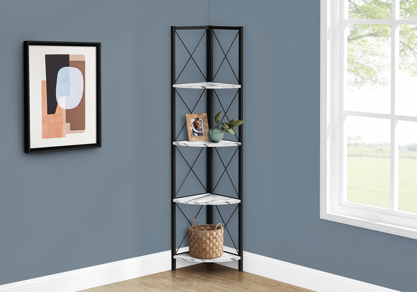 Black metal corner shelf unit with white marblelook shelves