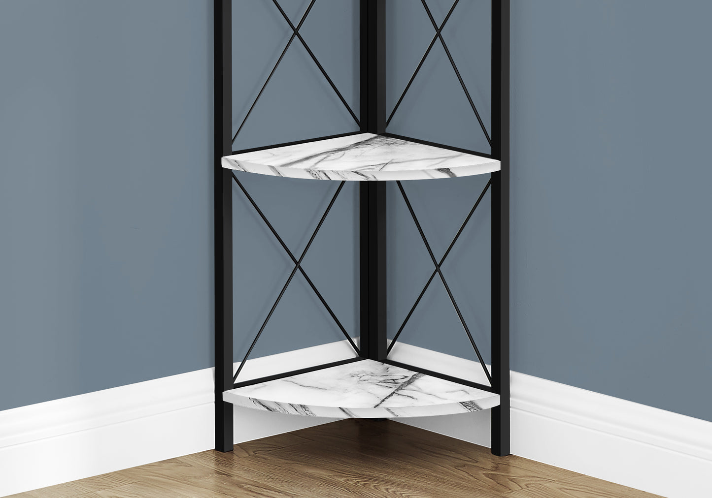 Black metal corner shelf with white marblelook shelves