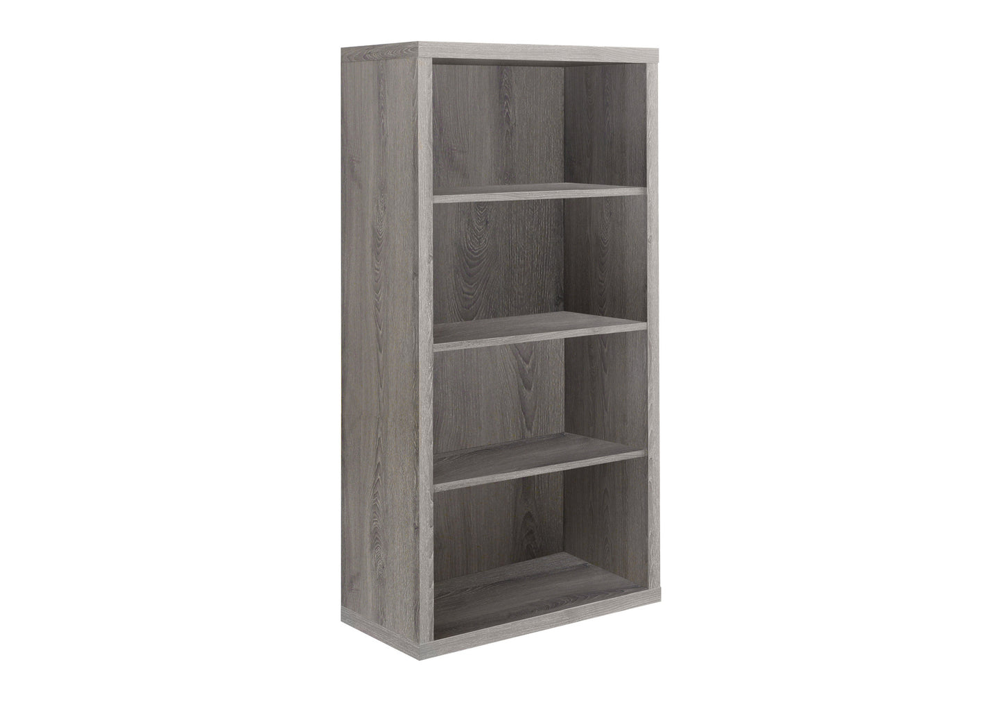 Tall gray wood bookshelf with four open shelves