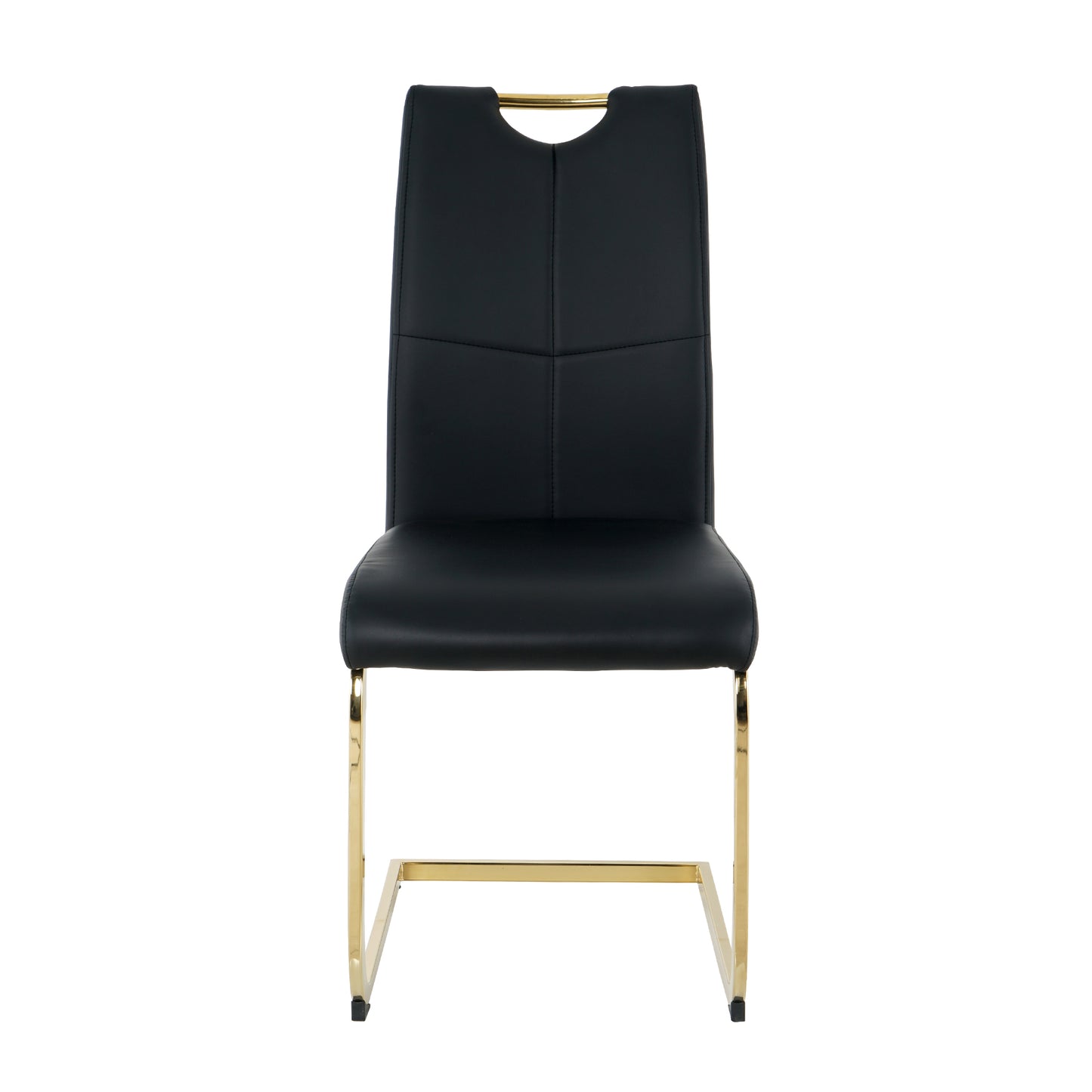 Black leather dining chair with gold metal legs and handle