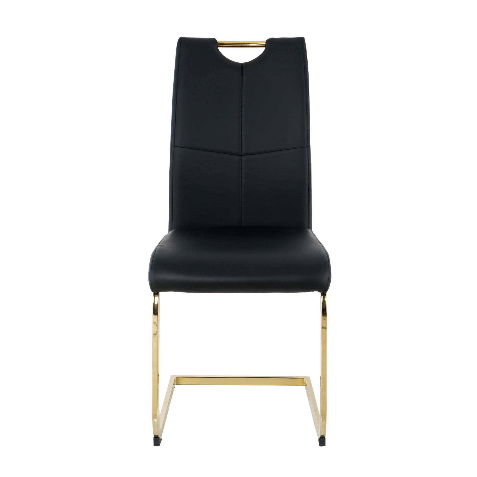 Black leather dining chair with gold metal legs and handle