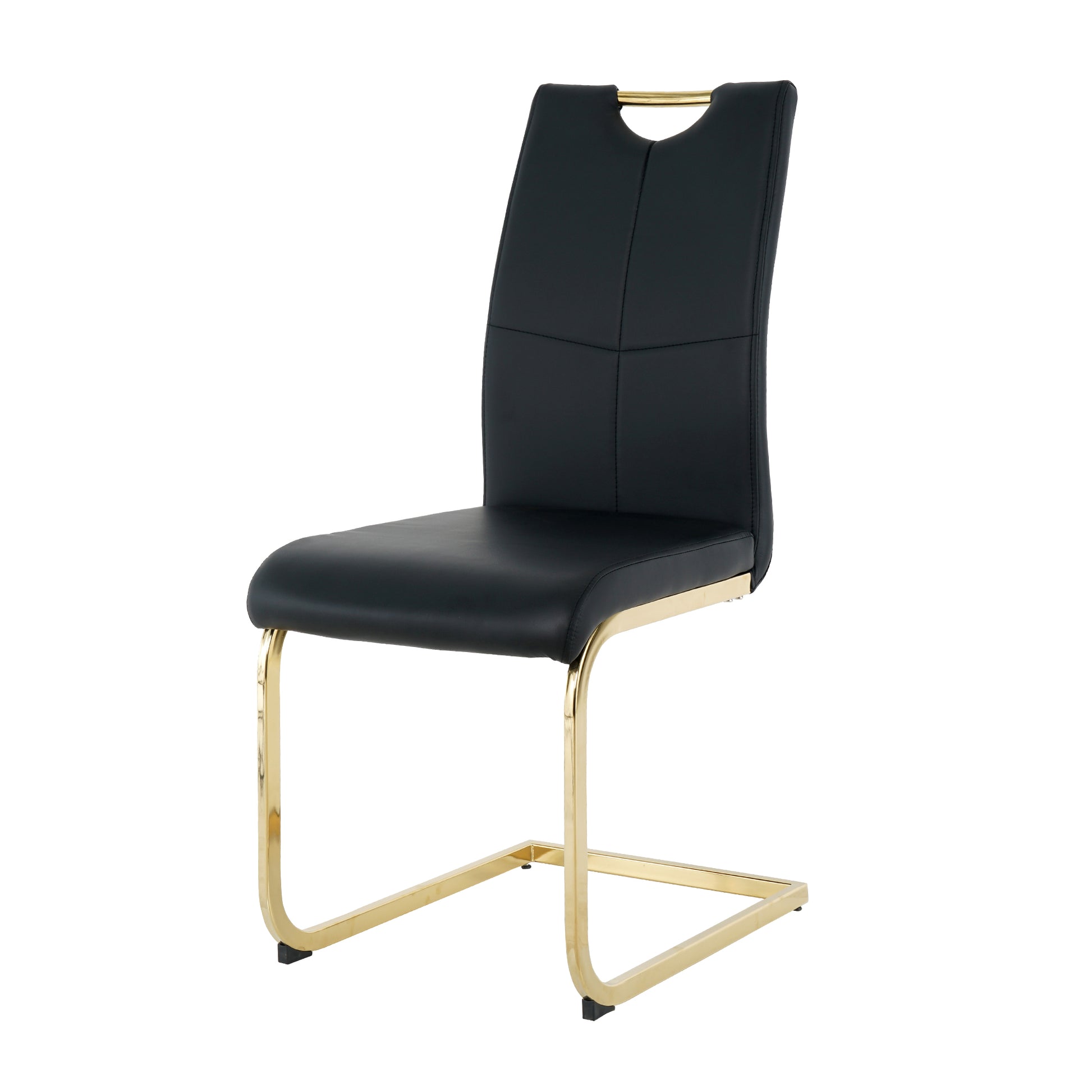 Black upholstered dining chair with gold metal cantilever legs and a stylish handle