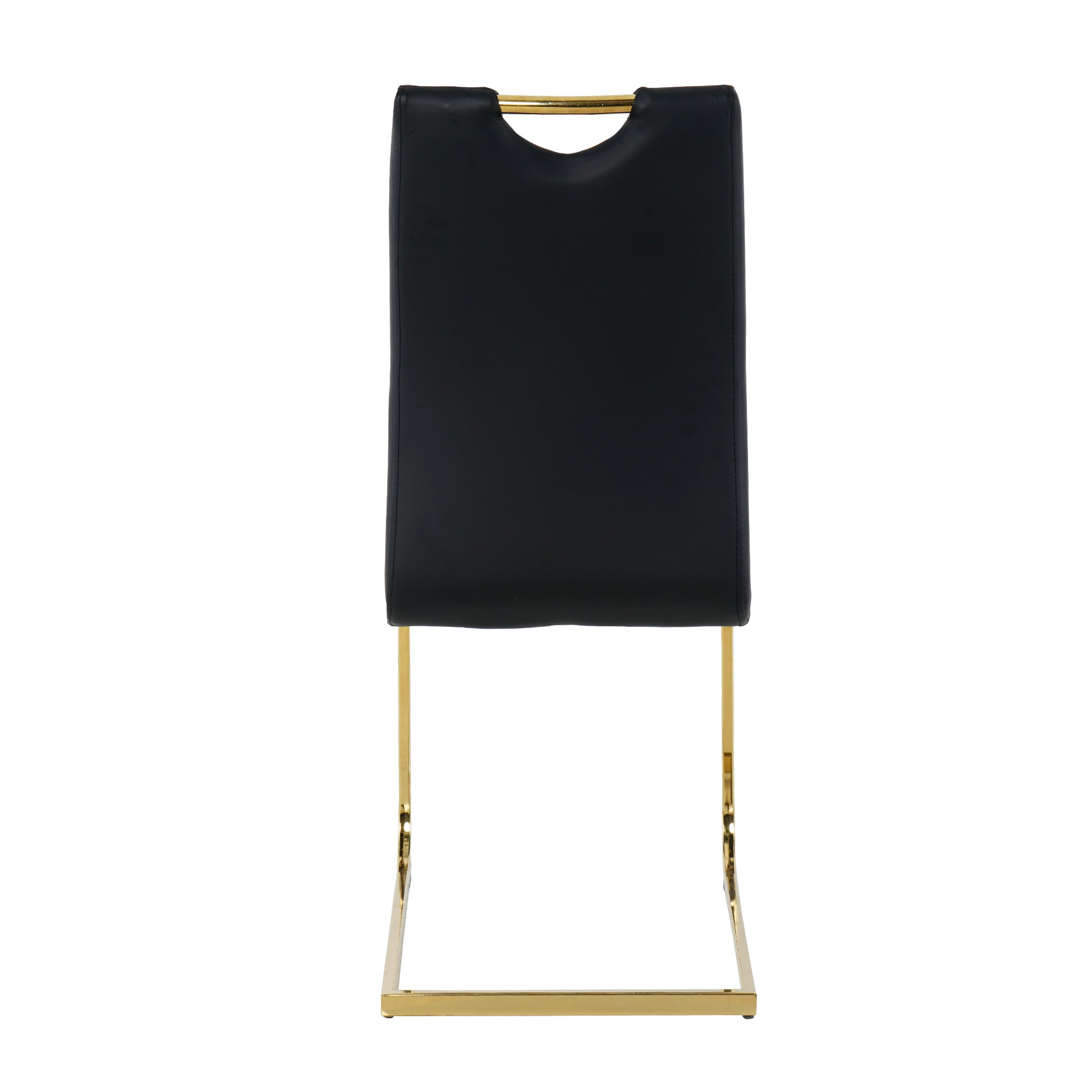 Black leather dining chair with gold metal legs and curved handle