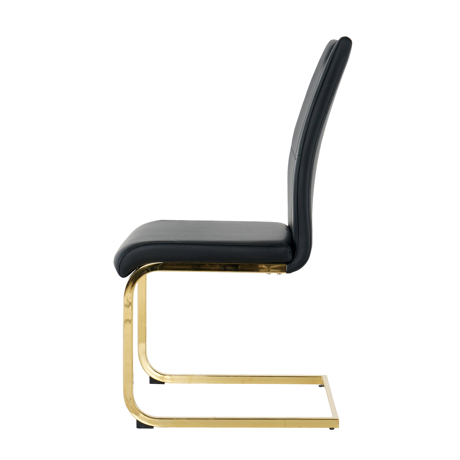 Black leather dining chair with polished gold cantilever base