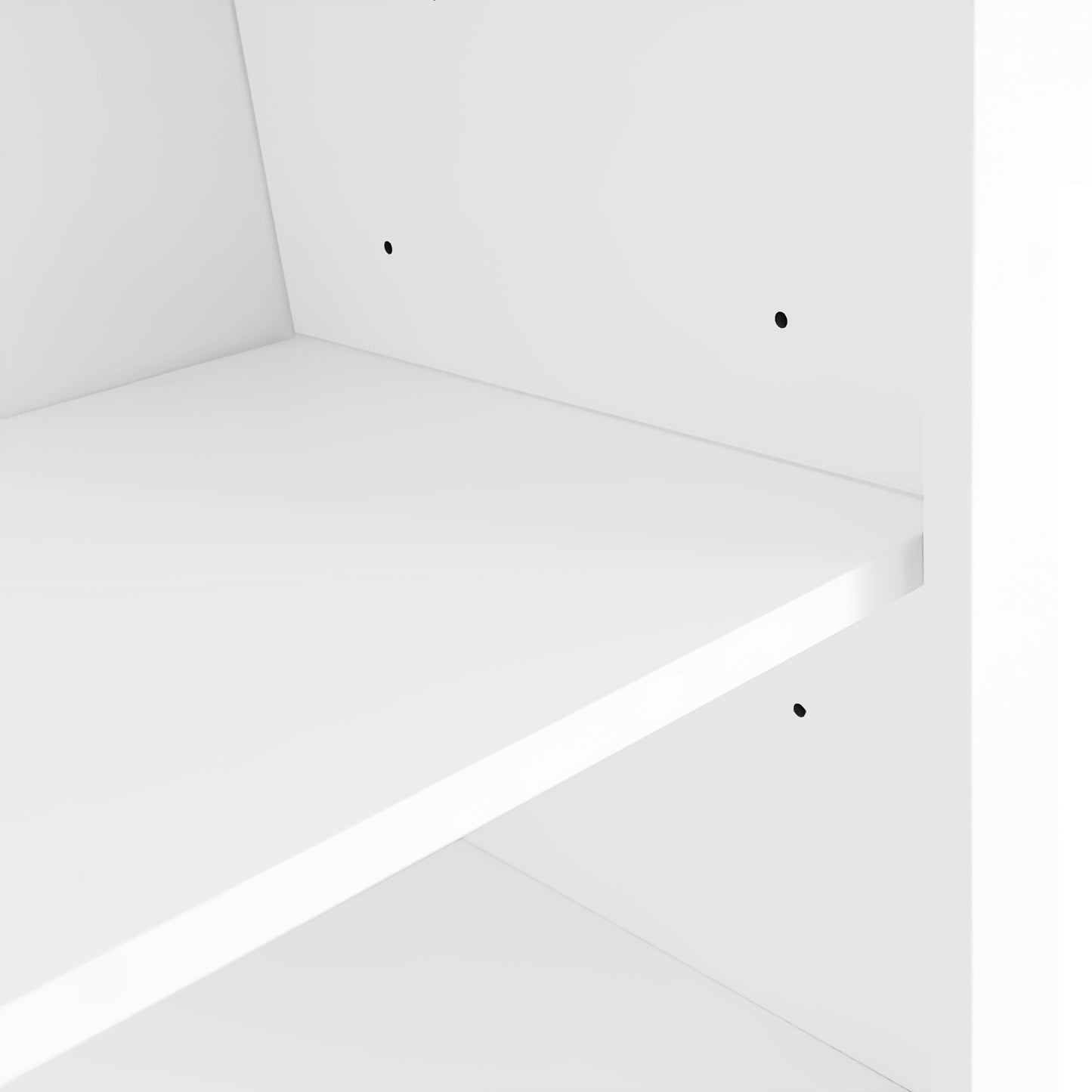 Clean white bookshelf shelf with visible screw holes