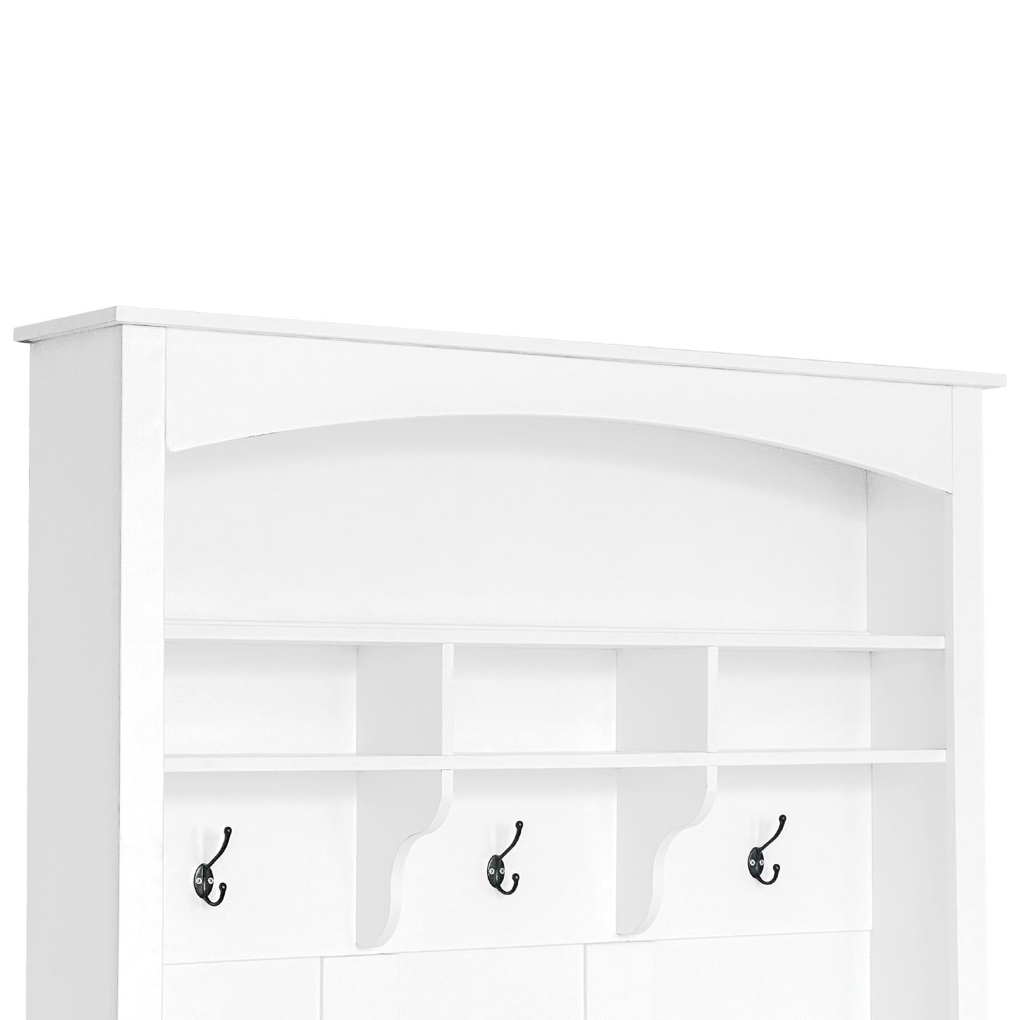 White wall shelf with multiple compartments and black hooks for coats