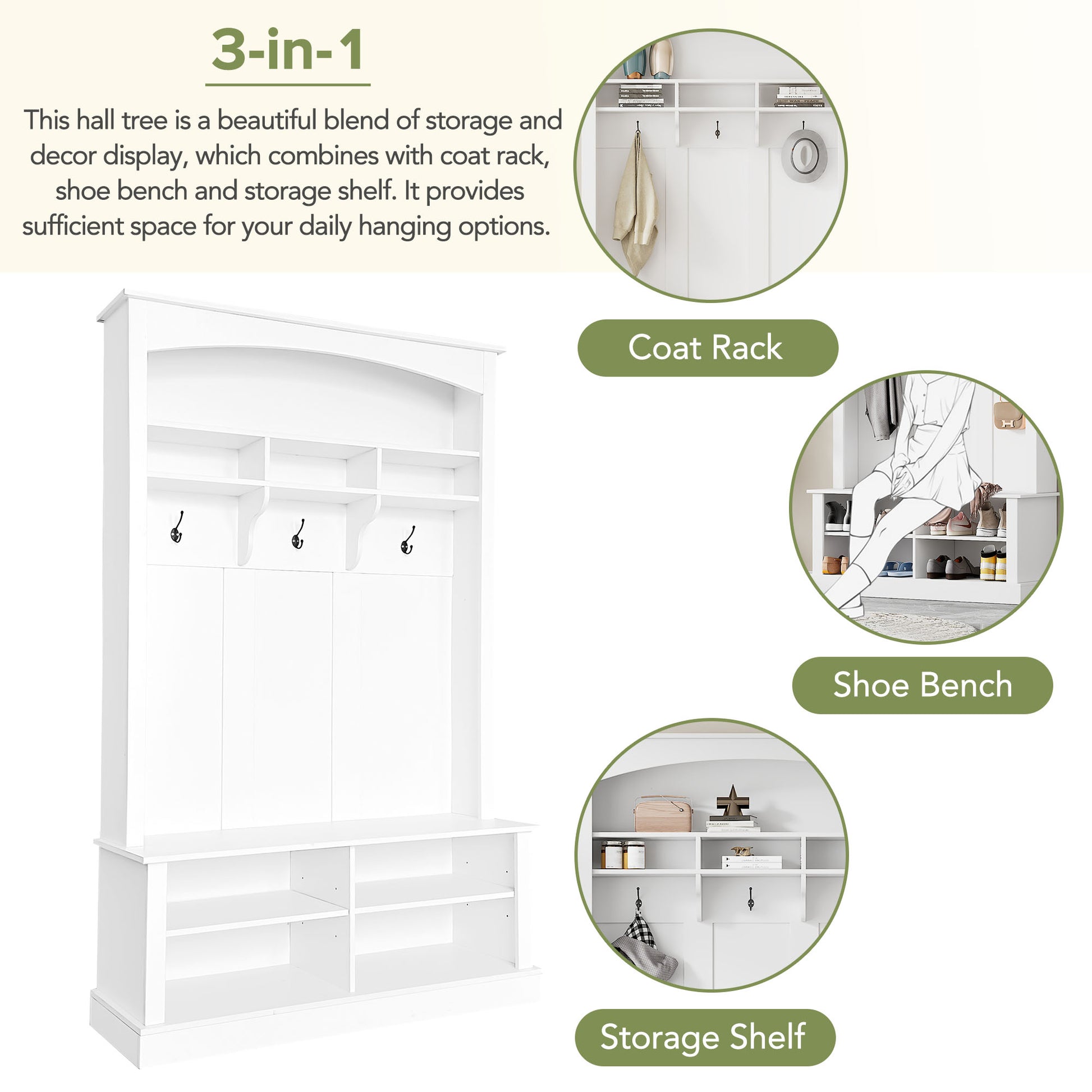 White hall tree with coat rack shoe bench and storage shelves for entryway organization