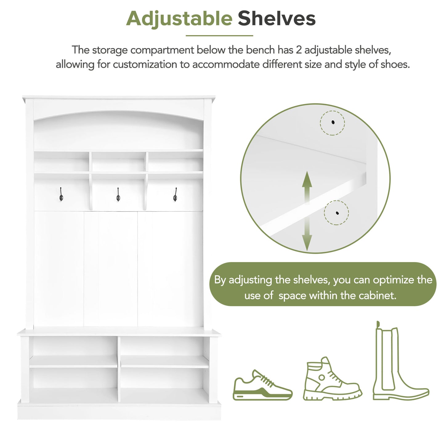 White shoe rack with adjustable shelves and hooks
