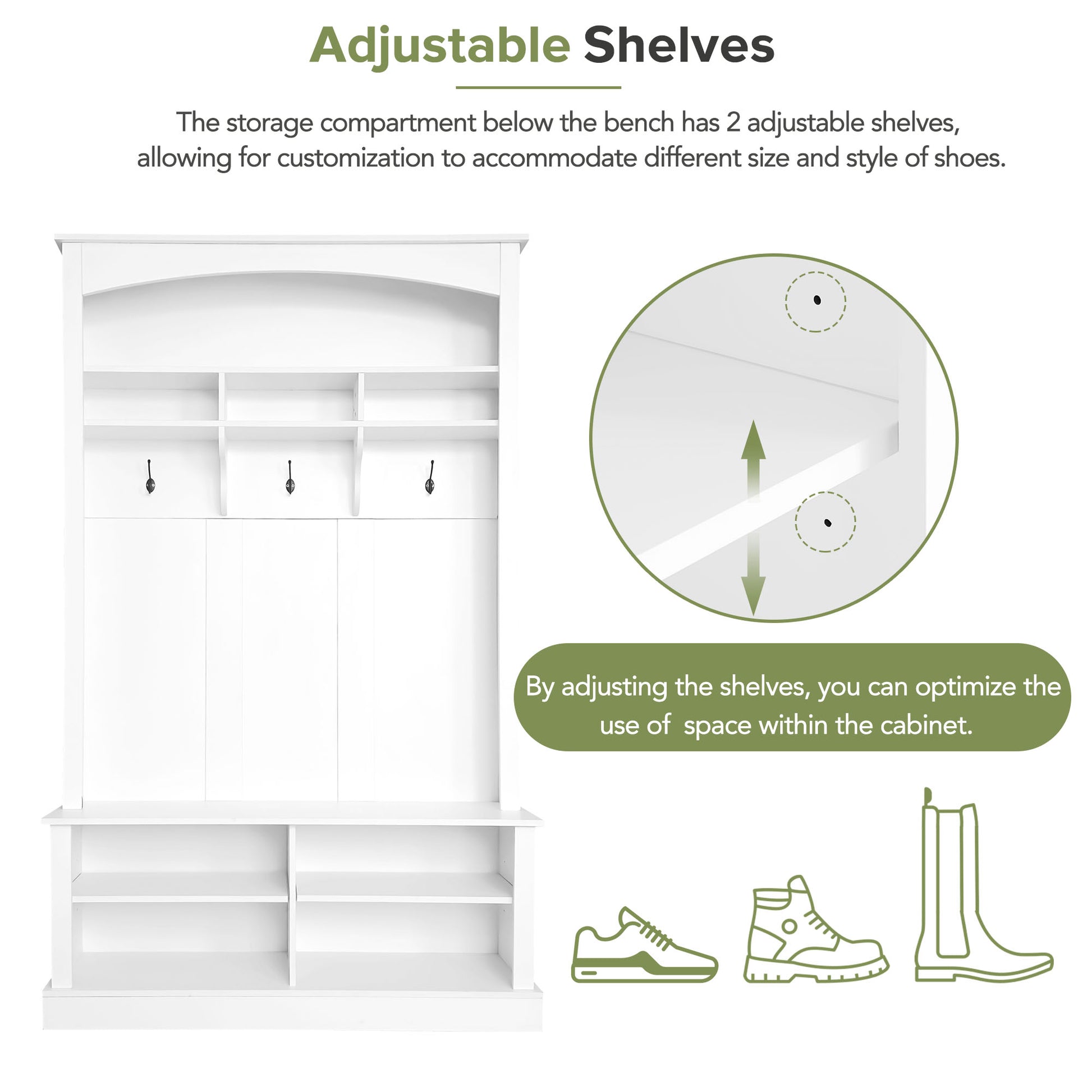 White shoe rack with adjustable shelves and hooks