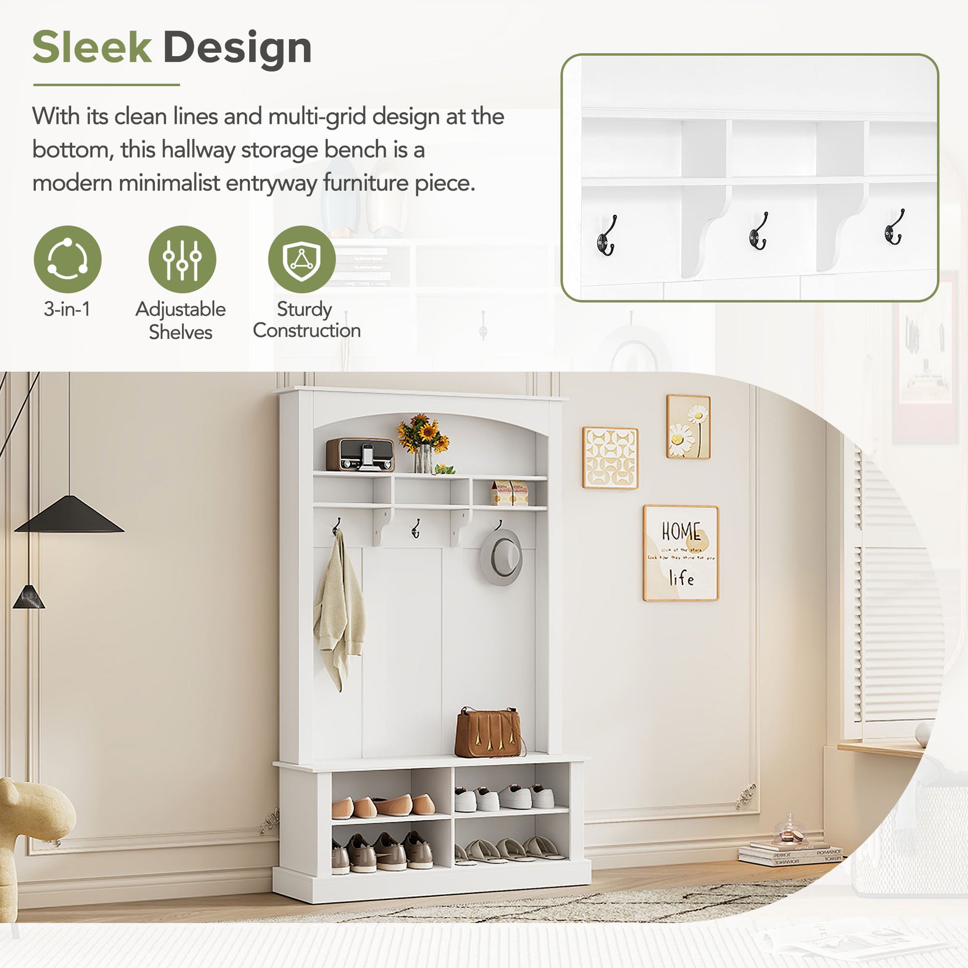 White entryway bench with shoe storage coat hooks and adjustable shelves