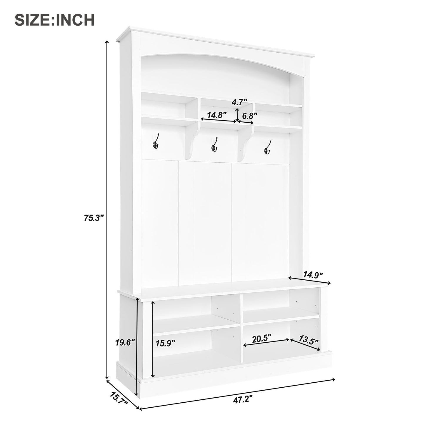 White entryway hall tree with coat hooks and shelving
