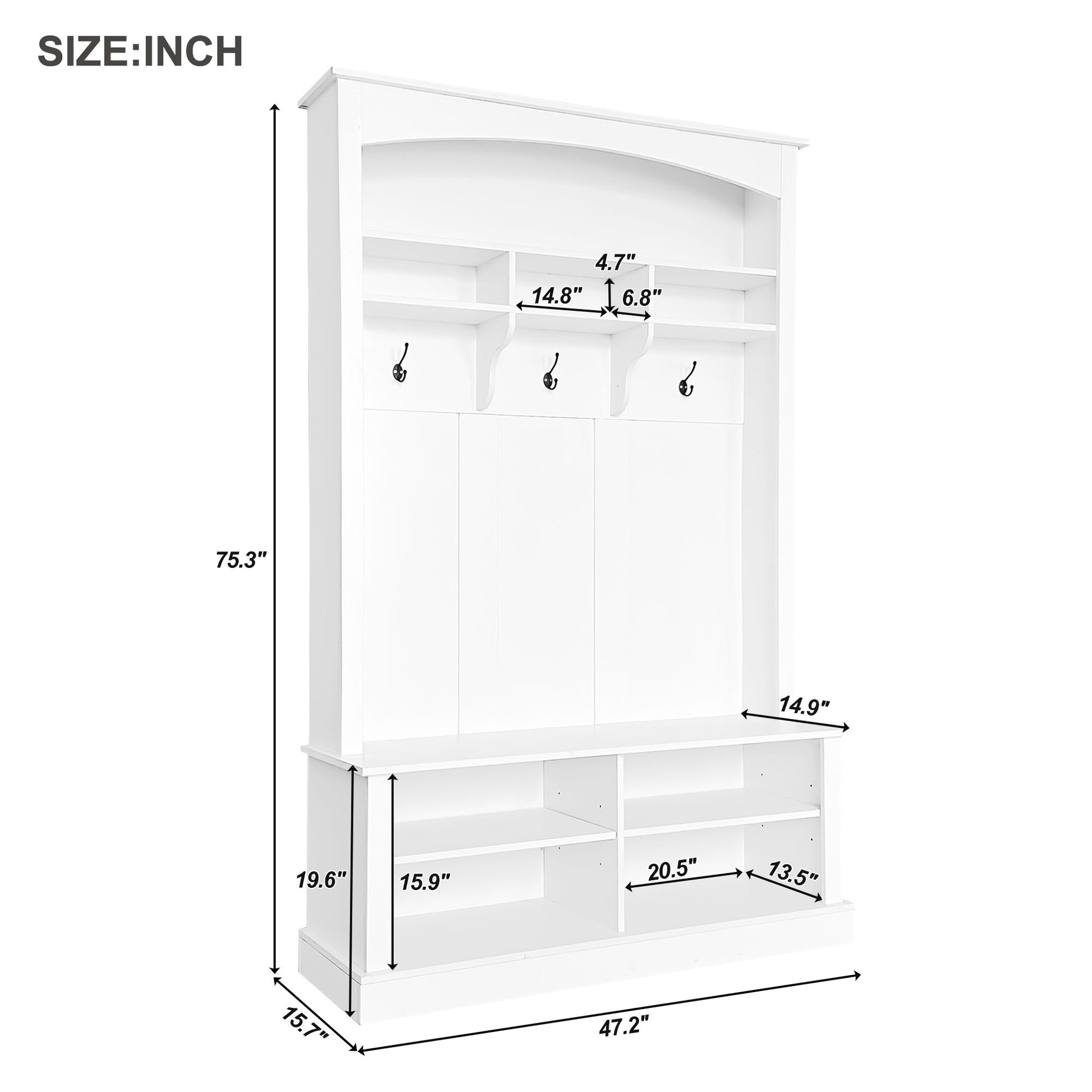 White entryway hall tree with coat hooks and shelving